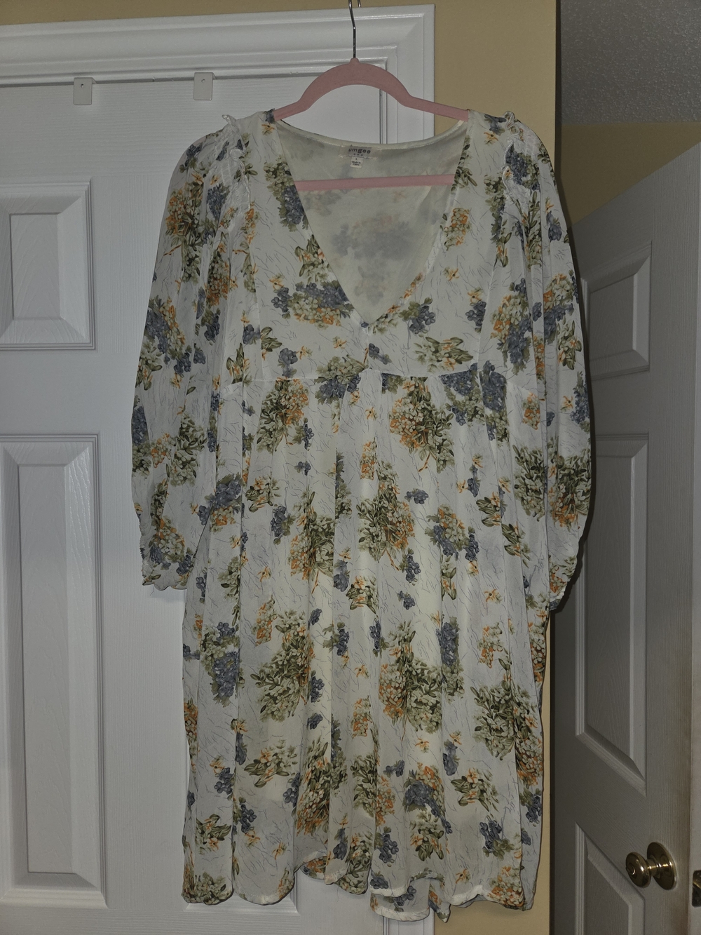 Umgee Floral V-Neck Babydoll Dress - Cream with Blue & Green Floral